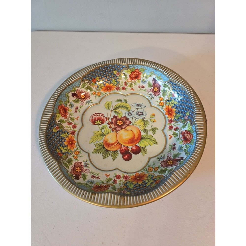 Vtg 1971 Daher Decorated Ware Scalloped 10" Tin Bowl Tray England Flower & Fruit
